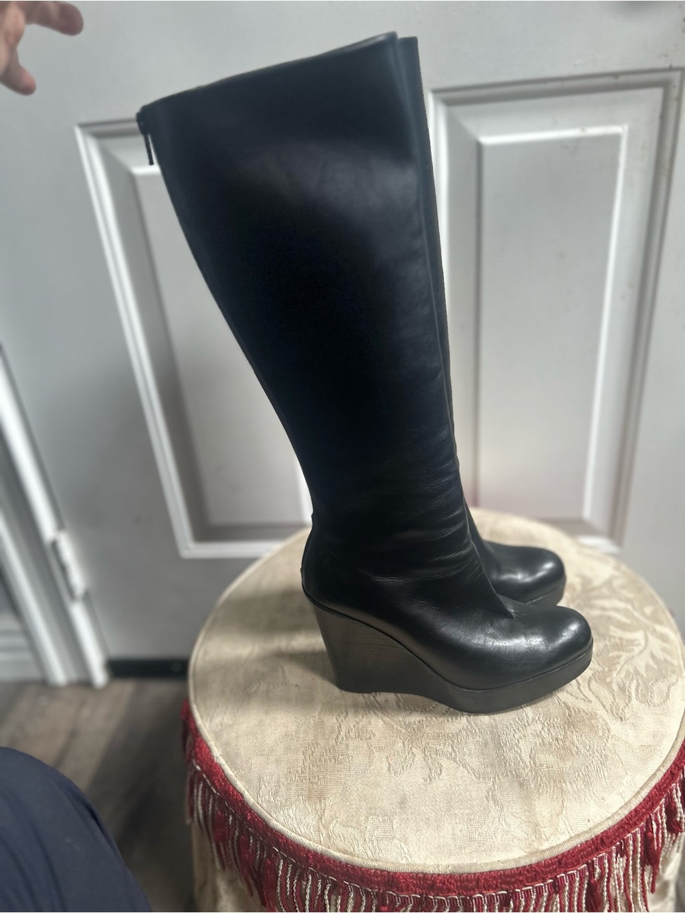 Christian Loubotin Black Tall Smooth chunky wedge platform Leather boots Sz 38 - Picture 12 of 15